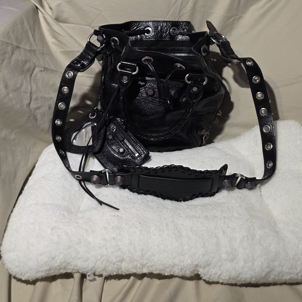 Balenciaga Black Leather Drawstring Bucket Bag with Studded Strap